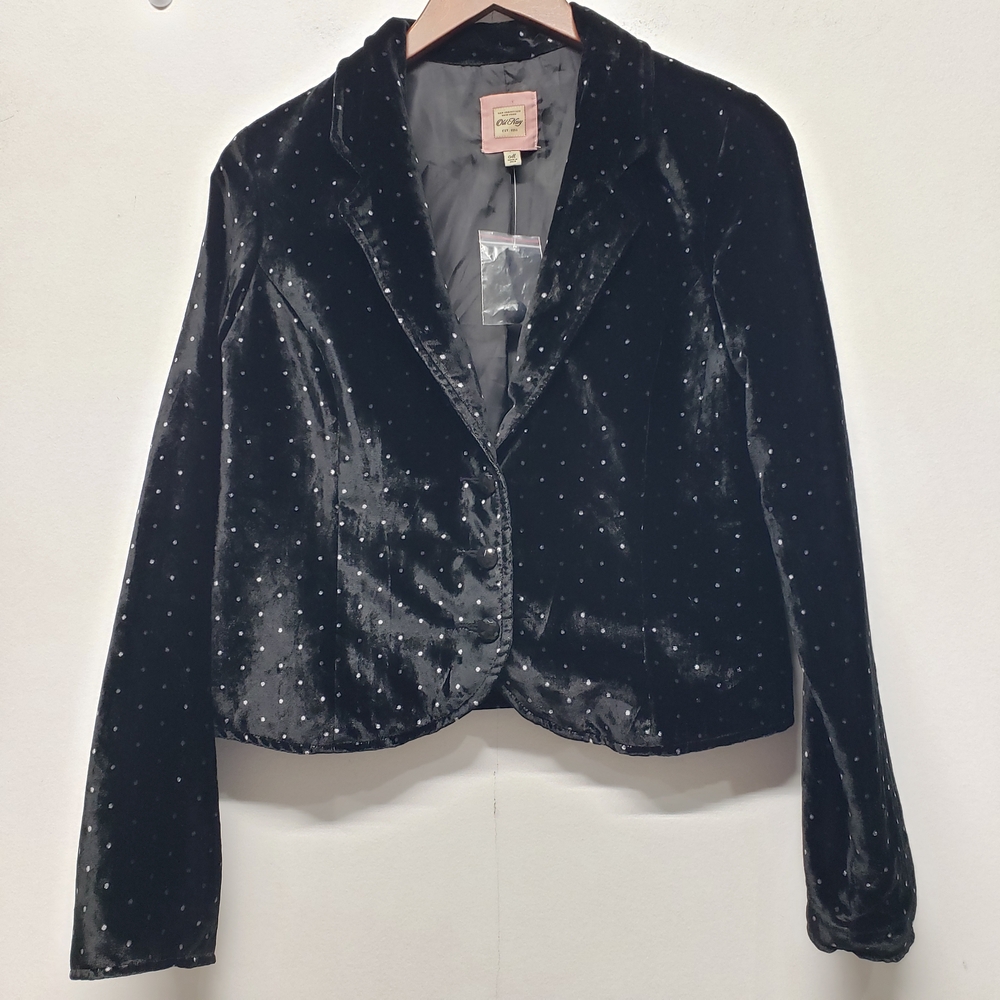 Vintage Old Navy Velvet Crop Blazer Womens M Black Polka Dot Y2K Dark Academia